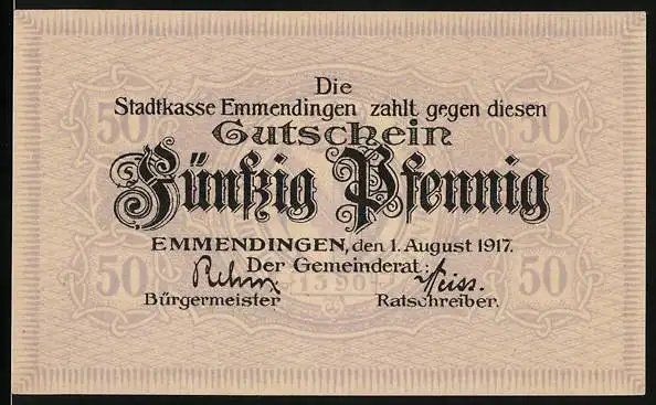 Notgeld Emmendingen 1917, 50 Pfennig, Wappen, Signatur