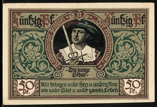 Notgeld Rothenburg ob der Tauber 1921, 50 Pfennig, Männer mit Schwert, Gewehr und Trommel, Wappen