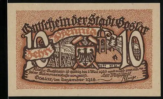 Notgeld Goslar 1918, 10 Pfennig, Wappen und Hammer, Blick zur Kirche