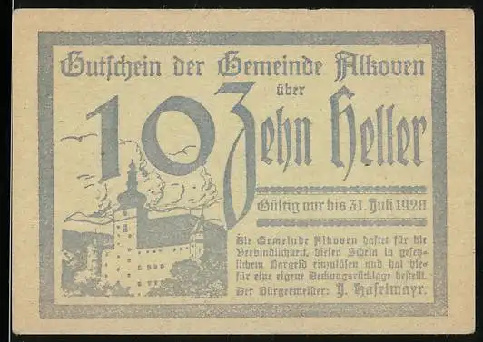 Notgeld Alkoven 1920, 10 Heller, Blick zum Schloss