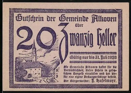 Notgeld Alkoven 1920, 20 Heller, Blick zur Kirche