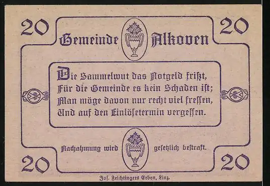 Notgeld Alkoven 1920, 20 Heller, Blick zur Kirche