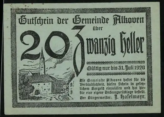 Notgeld Alkoven 1920, 20 Heller, Blick zur Kirche