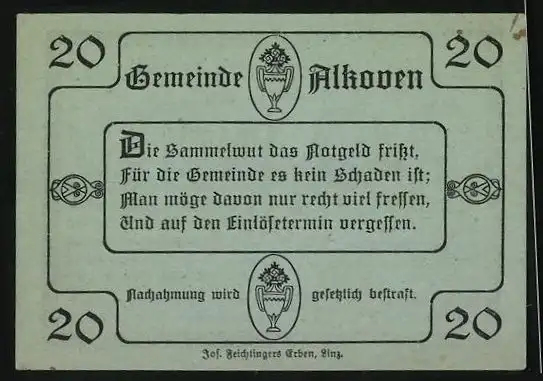 Notgeld Alkoven 1920, 20 Heller, Blick zur Kirche