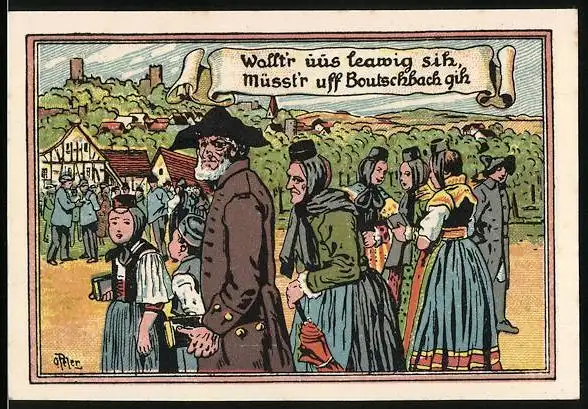 Notgeld Butzbach 1921, 25 Pfennig, Einwohner in Tracht, Ortsansicht und Wappen, 600jähriges Stadtjubiläum 1921