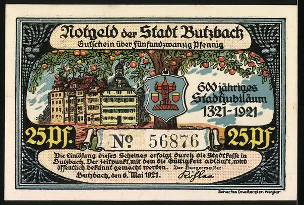 Notgeld Butzbach 1921, 25 Pfennig, Einwohner in Tracht, Ortsansicht und Wappen, 600jähriges Stadtjubiläum 1921