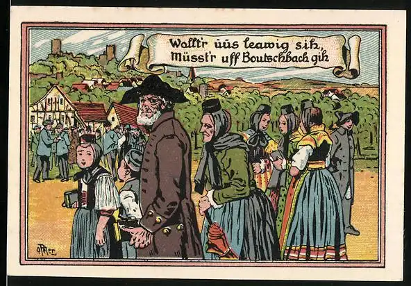Notgeld Butzbach 1921, 25 Pfennig, Einwohner in Tracht, Ortsansicht und Wappen, 600jähriges Stadtjubiläum 1921