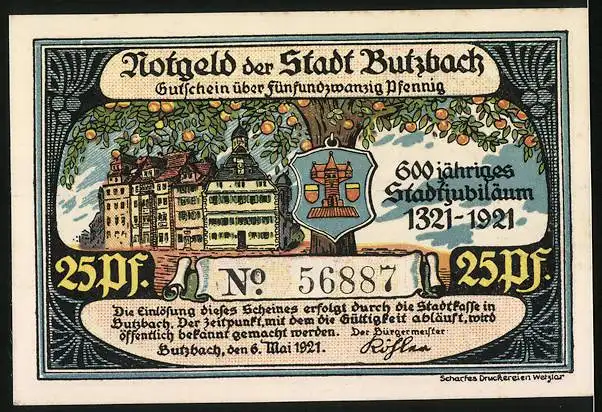 Notgeld Butzbach 1921, 25 Pfennig, Einwohner in Tracht, Ortsansicht und Wappen, 600jähriges Stadtjubiläum 1921