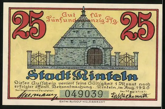 Notgeld Rinteln 1920, 25 Pfennig, Mann in Tracht misshandelt einen Bären, Münchhausen-Hof