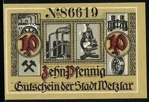 Notgeld Wetzlar 1920, 10 Pfennig, Fabrikanlagen und optische Geräte, Mikroskop und Fernglas