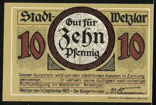 Notgeld Wetzlar 1920, 10 Pfennig, Fabrikanlagen und optische Geräte, Mikroskop und Fernglas