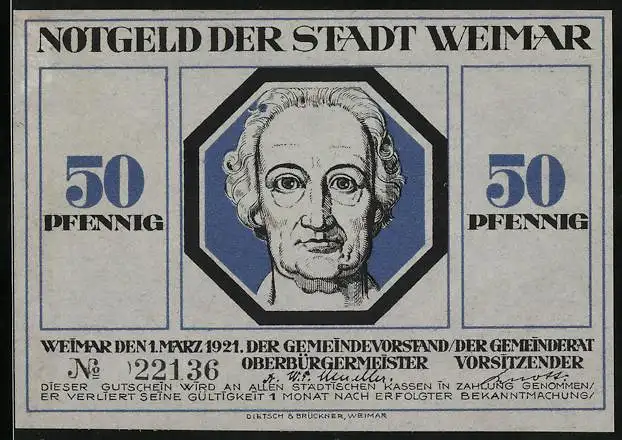 Notgeld Weimar 1921, 50 Pfennig, Krieger schützt die Stadt