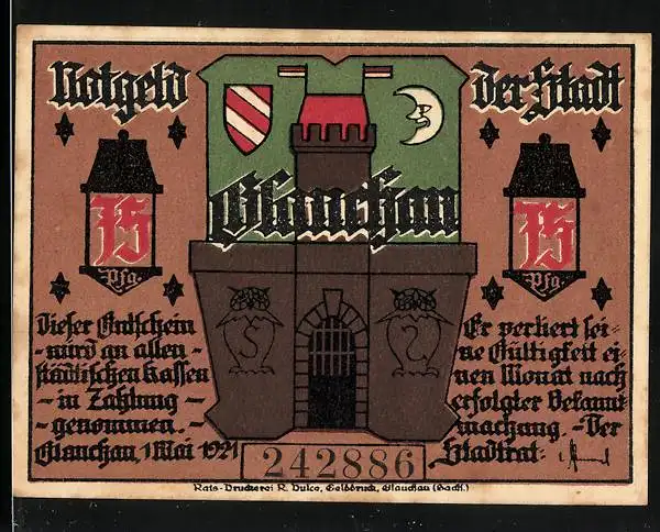 Notgeld Glauchau 1921, 75 Pfennig, Wappen, Junge trank den kleinen Inhalt des Glases leer und rettete Glauchau`s Ehr
