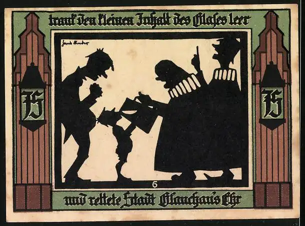 Notgeld Glauchau 1921, 75 Pfennig, Wappen, Junge trank den kleinen Inhalt des Glases leer und rettete Glauchau`s Ehr