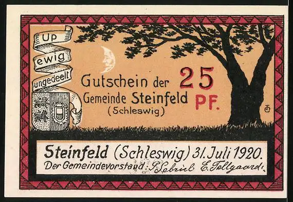 Notgeld Steinfeld (Schleswig) 1920, 25 Pfennig, Wappen untern baum, Sähmann
