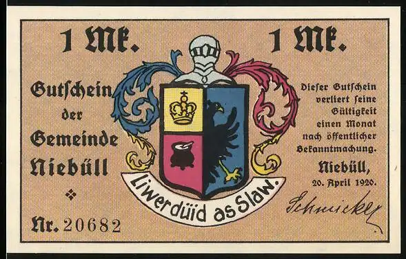 Notgeld Niebüll 1920, 1 Mark, Wappen und Frau am Spinnrad