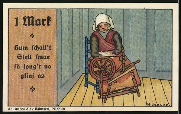 Notgeld Niebüll 1920, 1 Mark, Wappen und Frau am Spinnrad