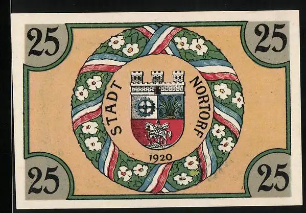 Notgeld Nortorf 1920, 25 Pfennig, Wappen, Mann beim Felle gerben
