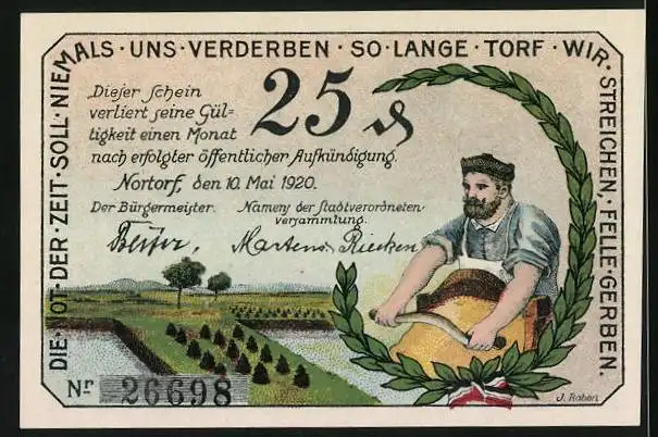 Notgeld Nortorf 1920, 25 Pfennig, Wappen, Mann beim Felle gerben