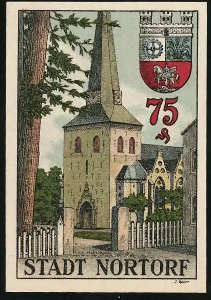 Notgeld Nortorf 1920, 75 Pfennig, Kirche mit Wappen