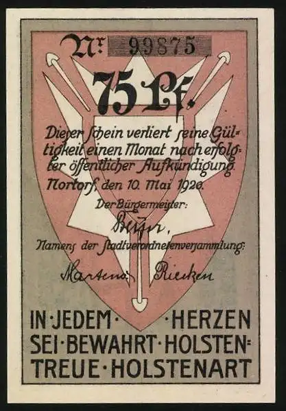 Notgeld Nortorf 1920, 75 Pfennig, Kirche mit Wappen