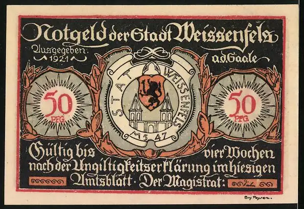 Notgeld Weissenfels 1921, 50 Pfennig, Wappen, Schuhwarenhandel Ausverkauf