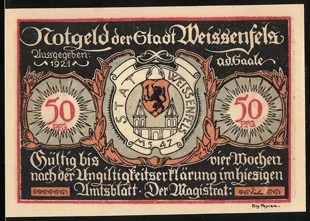 Notgeld Weissenfels 1921, 50 Pfennig, Wappen, Schuhwarenhandel Ausverkauf