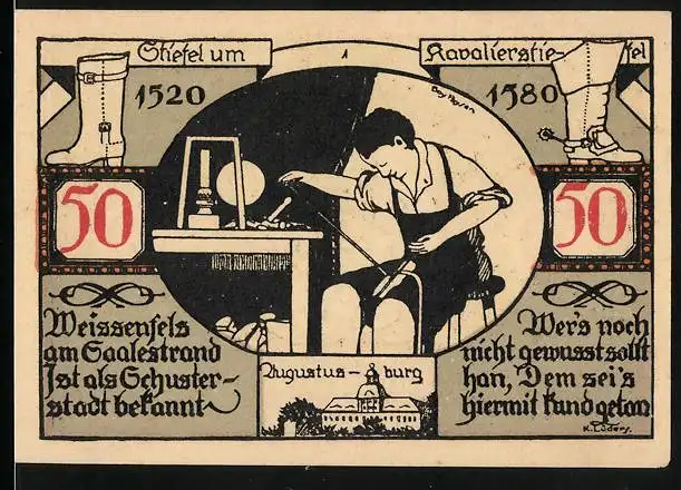 Notgeld Weissenfels a.d. Saale 1921, 50 Pfennig, Wappen und Schuster bei seiner Arbeit