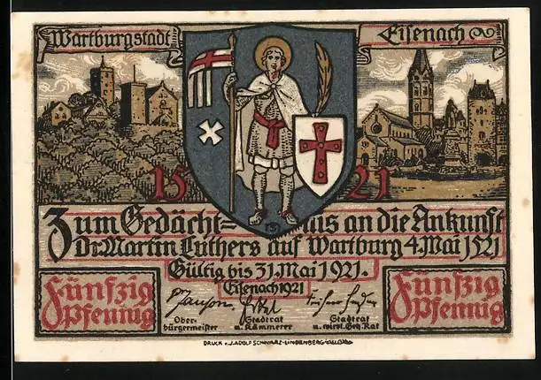 Notgeld Eisenach 1921, 50 Pfennig, Wartburg, Wappen und Kirche, Martin Luther singt als Currendeschüler b. Frau Cotta