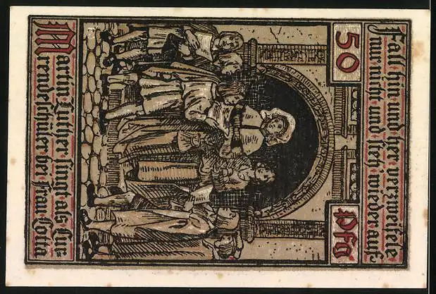 Notgeld Eisenach 1921, 50 Pfennig, Wartburg, Wappen und Kirche, Martin Luther singt als Currendeschüler b. Frau Cotta