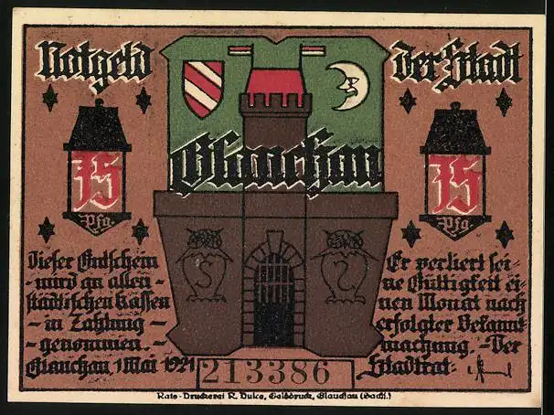 Notgeld Glauchau 1921, 75 Pfennig, Drum täte man den Trinker loben der seinen Biermut wollt erproben, Wappen