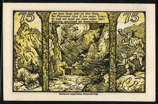 Notgeld Thale-Harz 1921, 75 Pfennig, Jäger mit Hund, Sturmwind, Katze mit Krone
