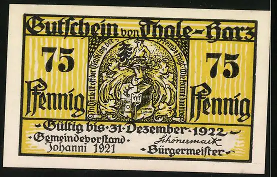 Notgeld Thale-Harz 1921, 75 Pfennig, Jäger mit Hund, Sturmwind, Katze mit Krone