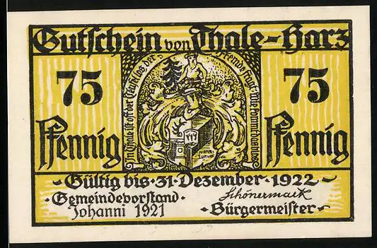 Notgeld Thale-Harz 1921, 75 Pfennig, Jäger mit Hund, Sturmwind, Katze mit Krone