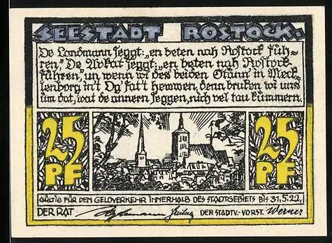 Notgeld Rostock 1921, 25 Pfennig, Teilansicht mit Kirche und Marktplatz