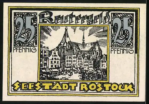 Notgeld Rostock 1921, 25 Pfennig, Teilansicht mit Kirche und Marktplatz