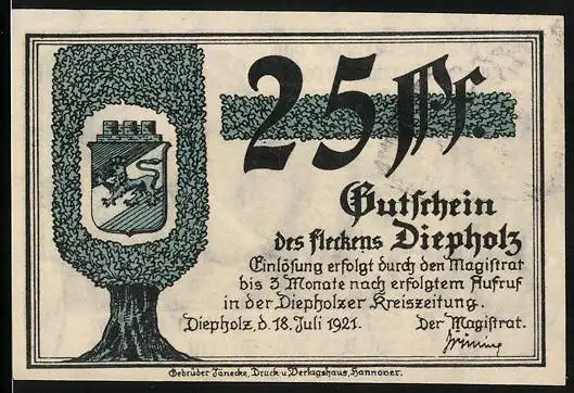 Notgeld Diepholz 1921, 25 Pfennig, Wappen und Mann der Torf ausgräbt