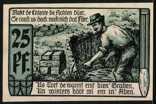 Notgeld Diepholz 1921, 25 Pfennig, Wappen und Mann der Torf ausgräbt