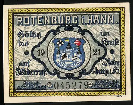Notgeld Rotenburg i. Hann. 1921 25 Pfennig, Wappen und Bauer beim Sähen