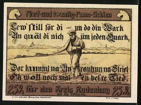 Notgeld Rotenburg i. Hann. 1921 25 Pfennig, Wappen und Bauer beim Sähen