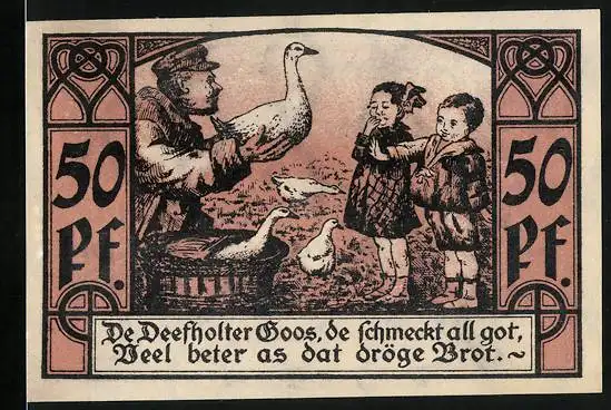 Notgeld Diepholz 1921, 50 Pfennig, Bauer zeigt Kindern die Gänse, Wappen