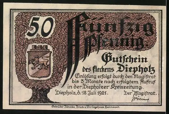 Notgeld Diepholz 1921, 50 Pfennig, Bauer zeigt Kindern die Gänse, Wappen