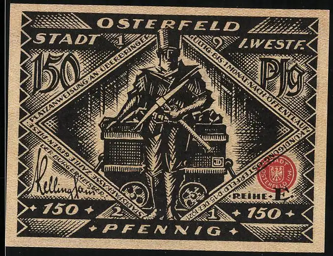 Notgeld Osterfeld i. W. 1921, 150 Pfennig, Eisenbahn des Berliner Ministerium, Herren mit Koffer, Bergmann