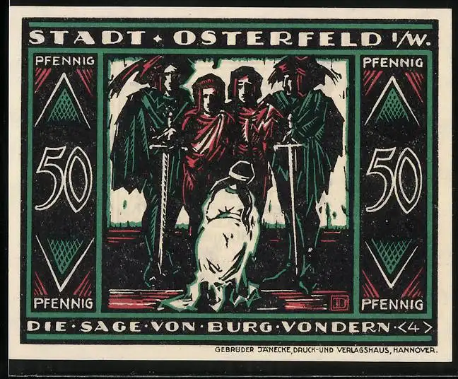 Notgeld Osterfeld i. W. 1921, 50 Pfennig, Die Sage von Burg Vondern, Männer mit Schwertern u. Jungfrau