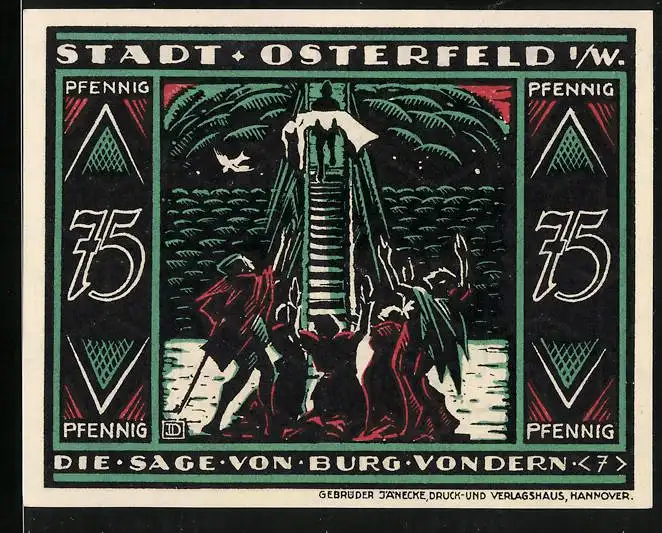 Notgeld Osterfeld i. W. 1921, 75 Pfennig, Die Sage v. Burg Vondern, Mann trägt Jungfrau auf Himmelstreppe