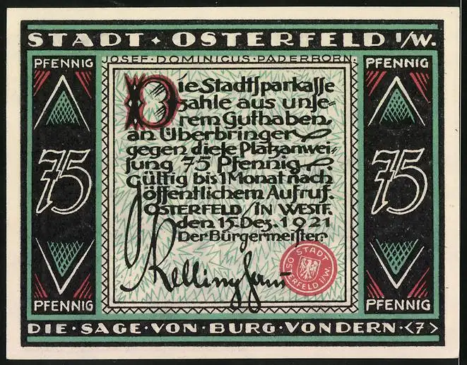 Notgeld Osterfeld i. W. 1921, 75 Pfennig, Die Sage v. Burg Vondern, Mann trägt Jungfrau auf Himmelstreppe