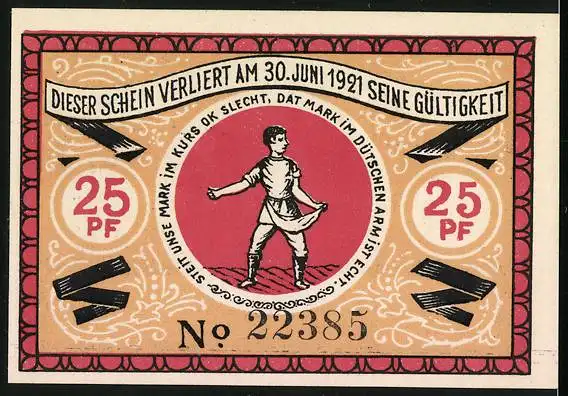 Notgeld Steinfeld (Schleswig) 1920, 25 Pfennig, Wappen unterm Baum und Bauer beim Säen