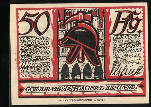 Notgeld Münster i. W. 1921, 50 Pfennig, Gott zur Ehr, dem Nächsten zur Wehr, Freiw. Feuerwehr