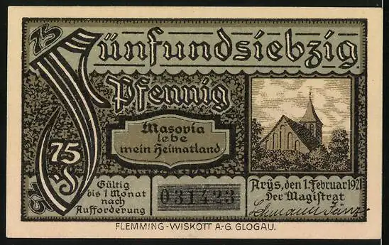 Notgeld Arys in Ostpreussen 1920, 75 Pfennig, Wappen Kirche