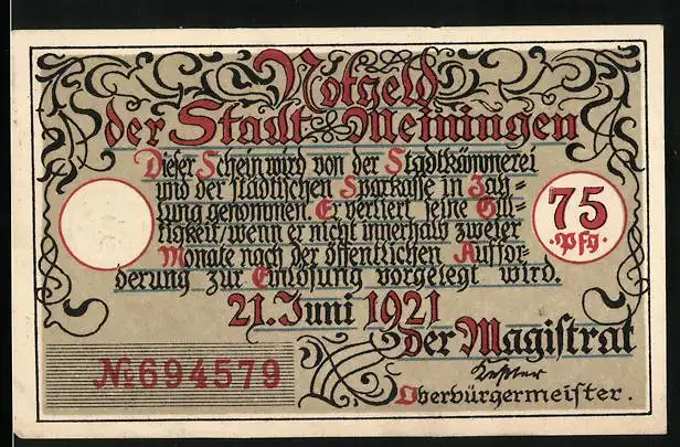 Notgeld Meiningen 1921, 75 Pfennig, Das Untertor